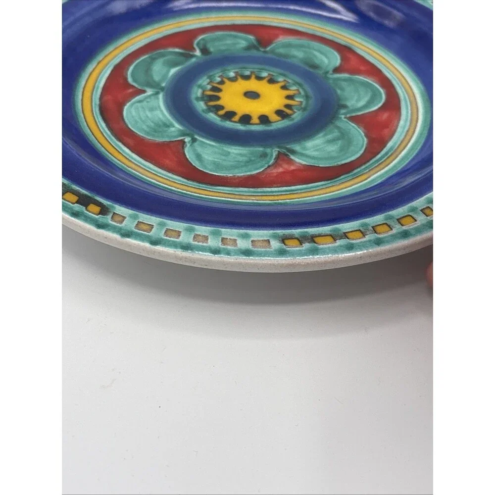 DeSimone Italy Art Ceramic Plate Signed Colorful Pottery Blue Red Flower 10 Inch